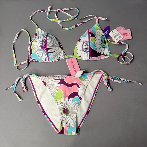 Cia Maritima Bikini Womens Large Floral Neoprene Swimwear Tie Side Semi Cheeky - Picture 2 of 14